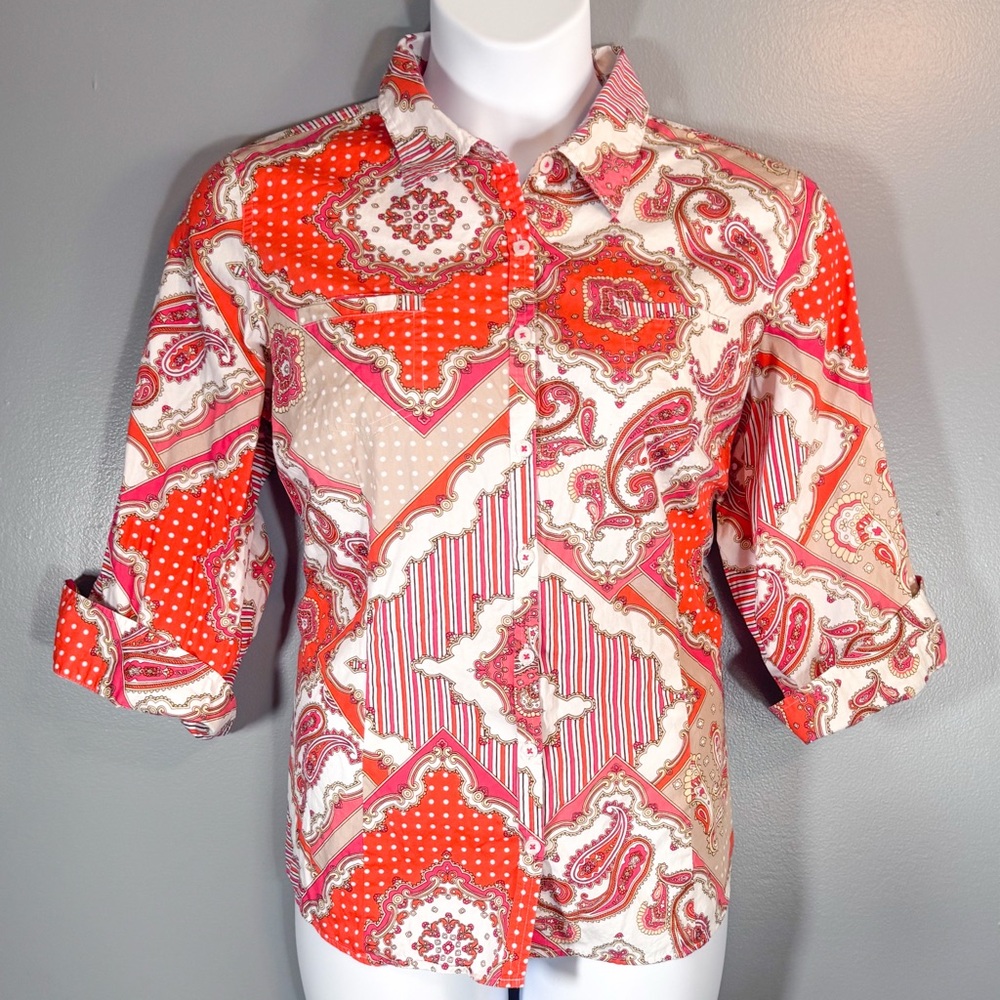 Van Heusen Patchwork Paisley Button Front Shirt XL Red Pink Cotton - Picture 7 of 14